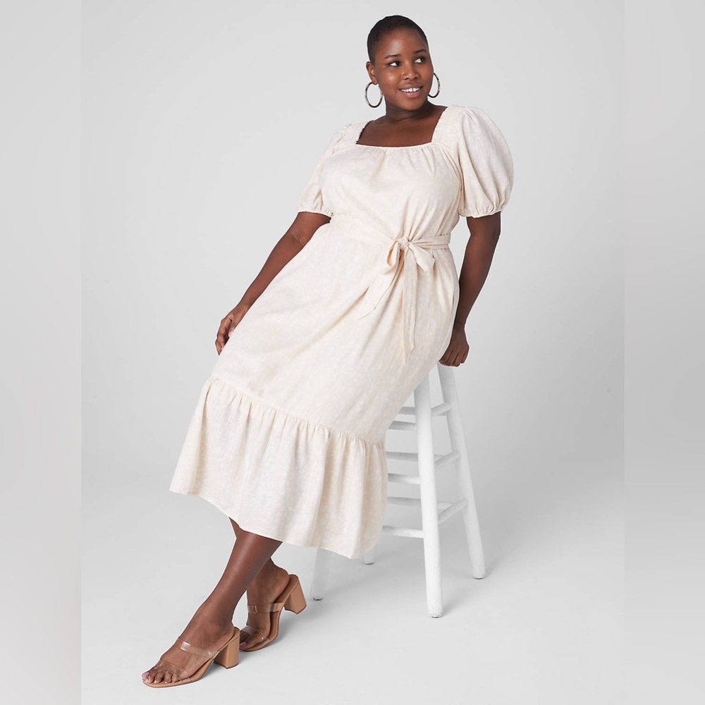Smocked-Shoulder Puff-Sleeve Dress